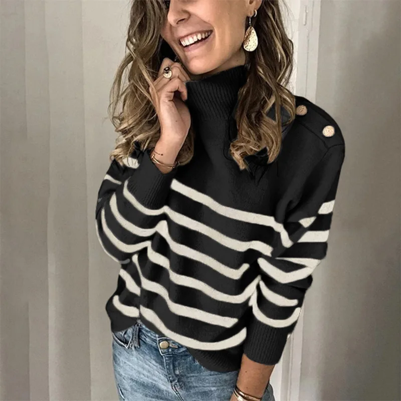 Streetwear Sweater Women Fall Fashion Outfits 2020 Striped Turtleneck Long Sleeve Knitted Woman Sweaters With Shoulder Buttons
Streetwear Sweater Women Fall Fashion Outfits 2020 Striped Turtleneck Long Sleeve Knitted Woman Sweaters With Shoulder Buttons