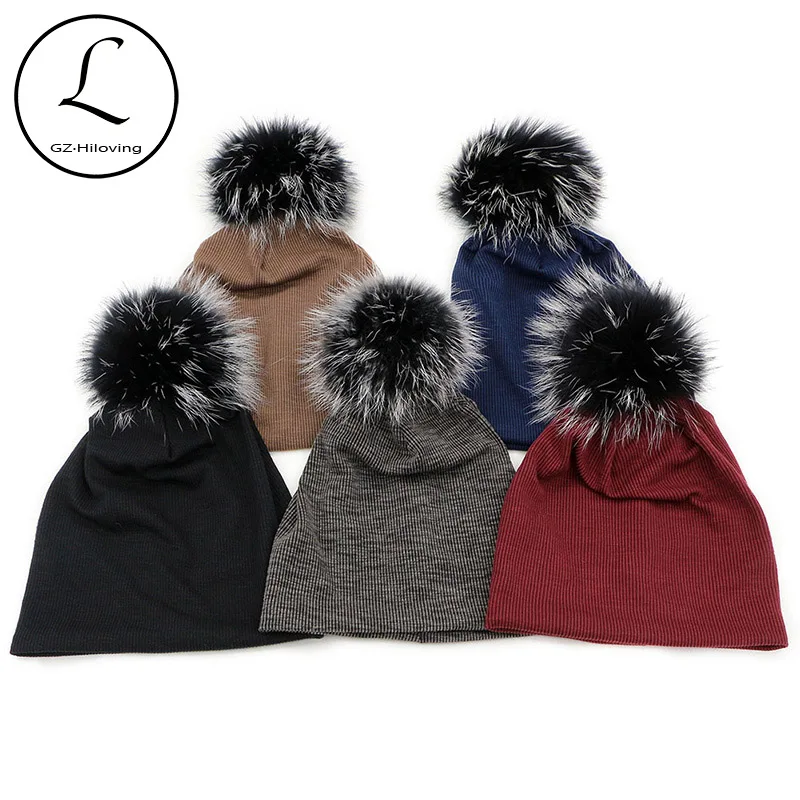

GZhilovingL Winter Hats For Women 2020 Slouchy Cap with Fur Pompom Spring Girls Ribbed Cotton Skullies Beanies hat Dropshipping