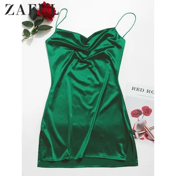 

ZAFUL Women Side Slit Satin Mini Cami Dress Spaghetti Strap Spaghetti Strap Solid Color A-Line Pary Dress Sexy