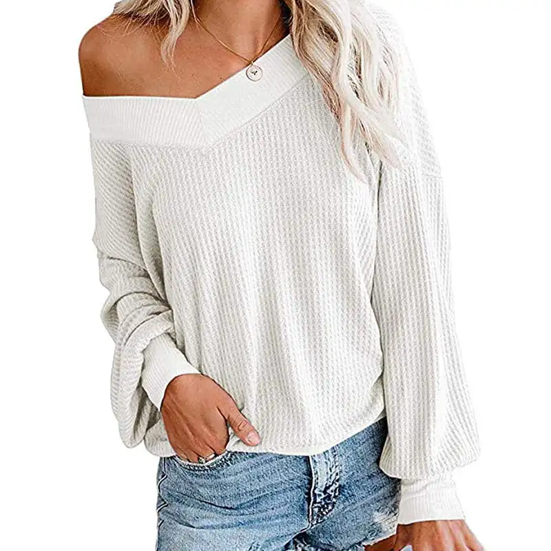 Women Long Sleeve Waffle Knit Tops Off Shoulder Pullover Sweater Top 2
