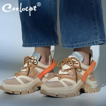 

Coolcept Chunky Sneakers Women Real Leather Casual Shoes Lace Up Thick Sole Platform Daily Women Vulcanized Shoes Size 35-39