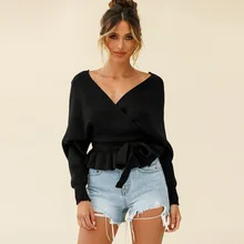 Black Sexy V-Neck Knitted Sweaters Women Solid Colors Ruffles Lace Up Pullovers Spring Autumn Green Long Sleeve Cropped Jumpers
Black Sexy V-Neck Knitted Sweaters Women Solid Colors Ruffles Lace Up Pullovers Spring Autumn Green Long Sleeve Cropped Jumpers