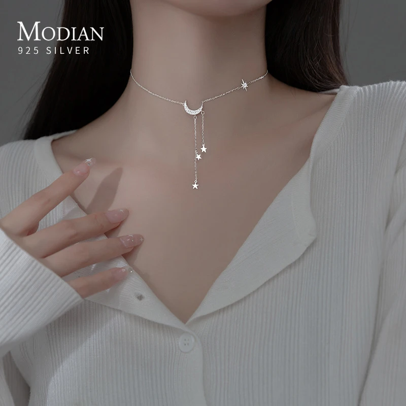 

MODIAN Solid 925 Sterling Silver Moon Stars Short Choker Necklace Fashion Party Charm Link Chain For Women Fine Jewelry Gifts