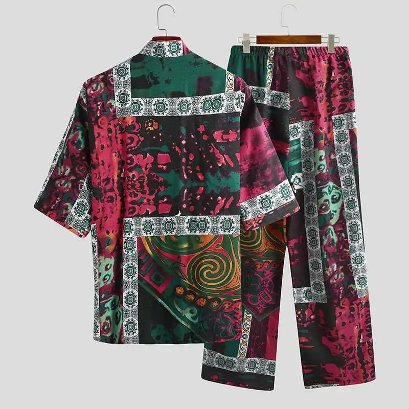 Men's Pajamas Sets Kimono Printed Cotton Half Sleeve V Neck Lace Up Sleepwear Pants Japanese Leisure Men Nightwear Suit INCERUN Men's Pajamas Sets Kimono Printed Cotton Half Sleeve V Neck Lace Up Sleepwear Pants Japanese Leisure Men Nightwear Suit INCERUN