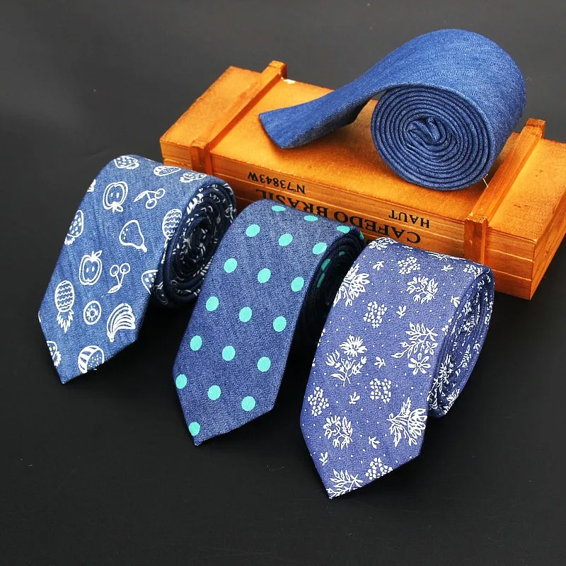 

Cotton Denim Ties Men's Black Blue Solid Color Tie Narrow 6cm Width Necktie Slim Skinny Cravate Dot Flower Business Neckties