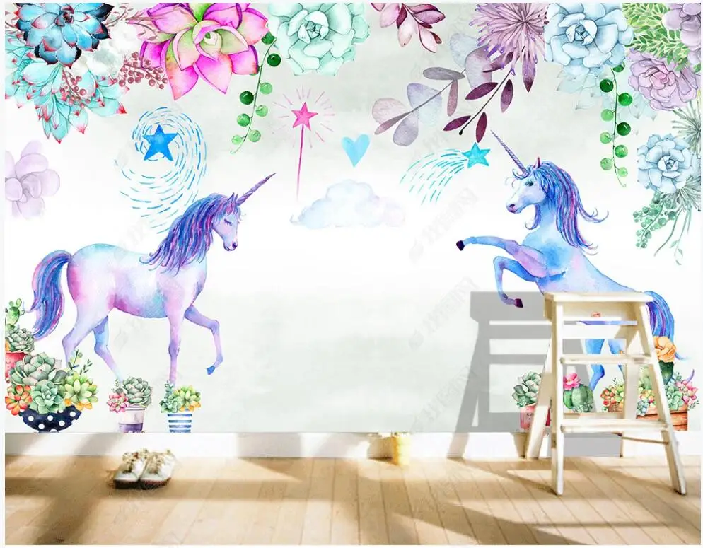 

Custom mural 3d photo wallpaper Hand drawn watercolor succulent unicorn home decor living room wallpaper for wall 3 d in rolls