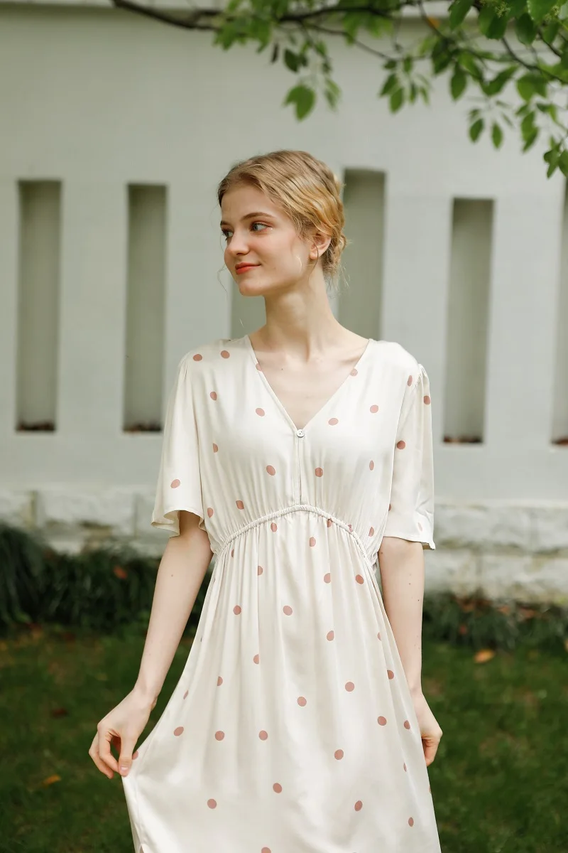 Hanxiuju Summer V- Neck Short Sleeve Nightgowns For Women Soft Viscose Polka Dot Nightwear Ladies Elegant Dress Autumn Spring 9