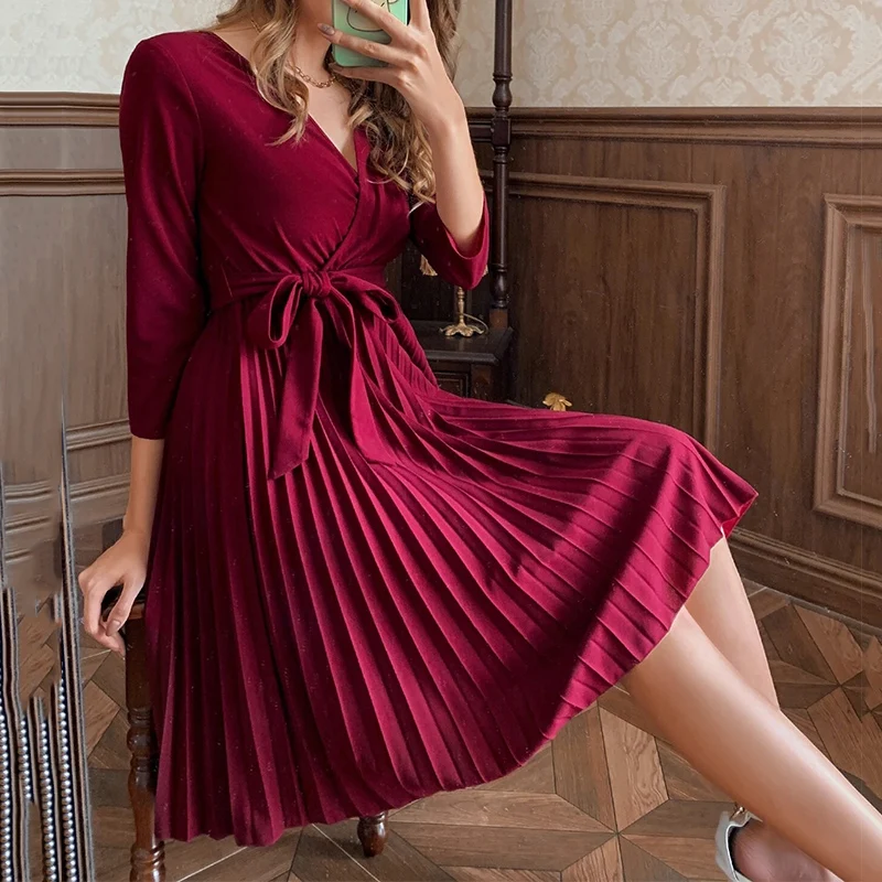 

Red Surplice V Neck Pleated Hem Belted A-Line Dress Office Lady Fall Winter 3/4 Sleeve Midi Elegant Dresses Women Solid Clothes