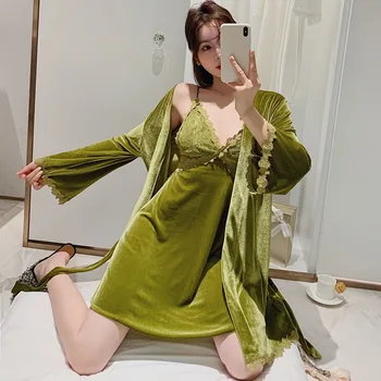 Autumn Winter Sexy Camisole Pajamas Woman Robe Set Velour Long Sleeve Pajamas 2 Pcs Hollow Gold Velvet Fashion Sleepwear
Autumn Winter Sexy Camisole Pajamas Woman Robe Set Velour Long Sleeve Pajamas 2 Pcs Hollow Gold Velvet Fashion Sleepwear