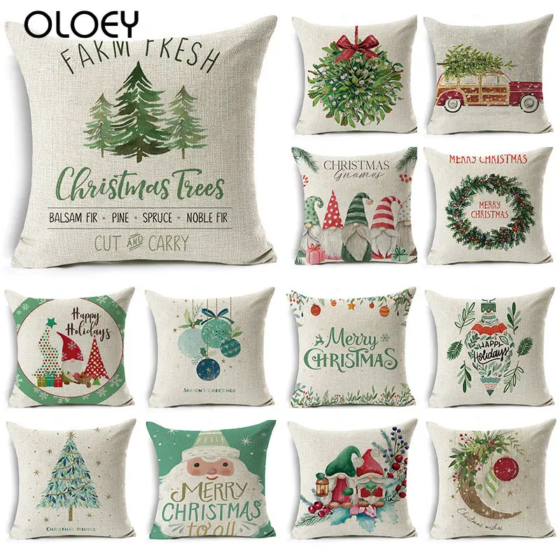 

Cartoon watercolor Christmas pillowcase linen decoration Christmas gift cushion cover suitable for car sofa pillowcase 45cm*45cm