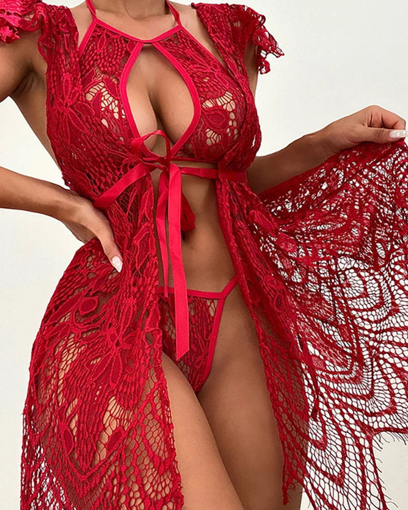 

2PCS Women Solid Red Festival Guipure Lace Tied Detail Cutout Halter Lingerie Set Two Piece Home Clothes Sexy Erotic Badydolls