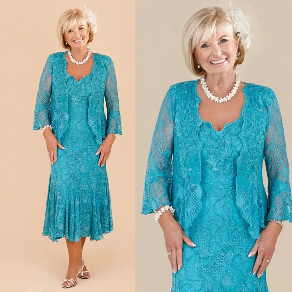 Hot Sale Charming Two Pieces Blue Lace Mother of the Bride Dresses With Jacket A Line Wedding Guest Gowns Tea Length
Hot Sale Charming Two Pieces Blue Lace Mother of the Bride Dresses With Jacket A Line Wedding Guest Gowns Tea Length