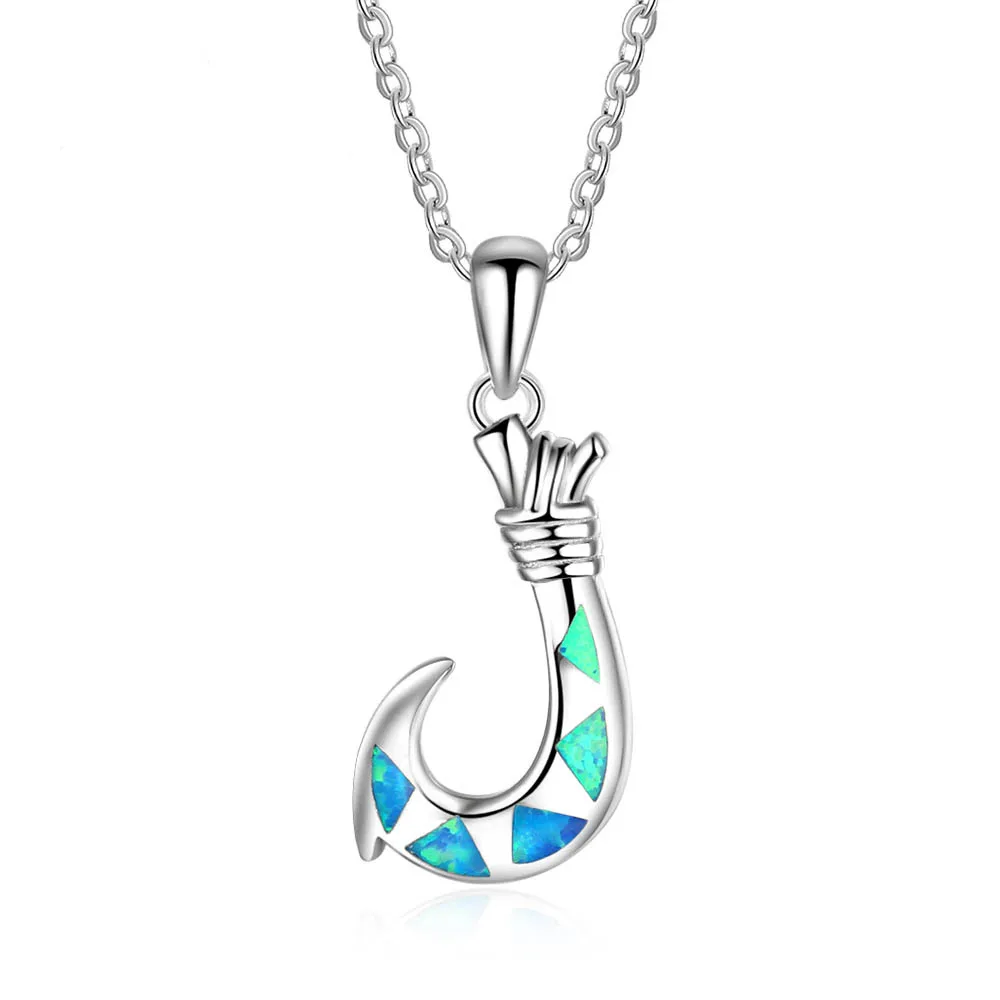 

Simple Fishhook Design 925 Sterling Silver Pendant NecklaceBlue Fire Opal Charm Women Necklace Wedding Jewelry Party Gift