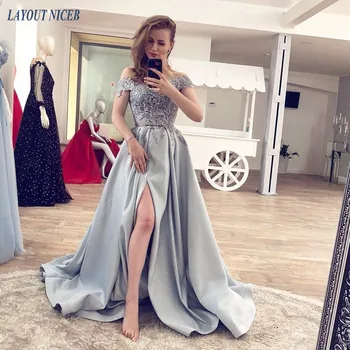 LAYOUT NICEB Lace Top Long Off the Shoulder Evening Dress High Slit Satin Robe De Soiree Sleeveless A Line Silver Prom Dress 
LAYOUT NICEB Lace Top Long Off the Shoulder Evening Dress High Slit Satin Robe De Soiree Sleeveless A Line Silver Prom Dress