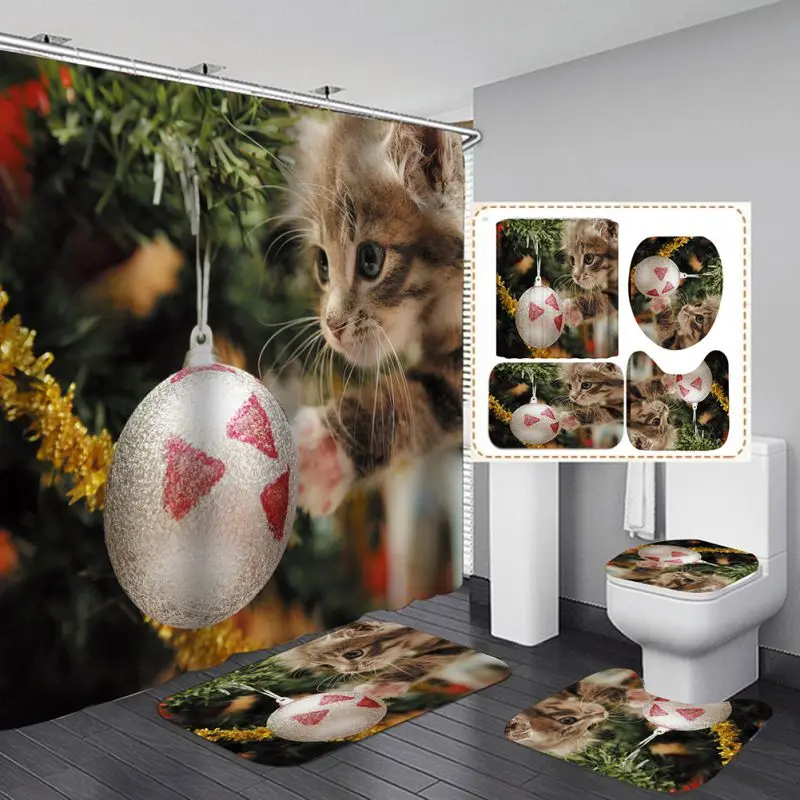 4PCS Merry Christmas Shower Curtain Sets with Non-Slip Rugs Toilet Lid Cover Bath Mat and 12 Hooks for Xmas Bathroom Decorations
4PCS Merry Christmas Shower Curtain Sets with Non-Slip Rugs Toilet Lid Cover Bath Mat and 12 Hooks for Xmas Bathroom Decorations