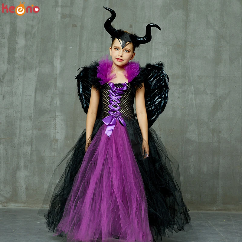 

Evil Queen Black Halloween Costume Girls Gown Tutu Dress with Horn Wing Gothic Vampire Witch Kids Carnival Party Fancy Dress