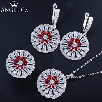 ANGELCZ Red CZ 3Pcs Jewelry Set With Water Drop Zirconia Stones Silvery Big Flower Ring Earrings And Necklace For Women AJ164 
ANGELCZ Red CZ 3Pcs Jewelry Set With Water Drop Zirconia Stones Silvery Big Flower Ring Earrings And Necklace For Women AJ164