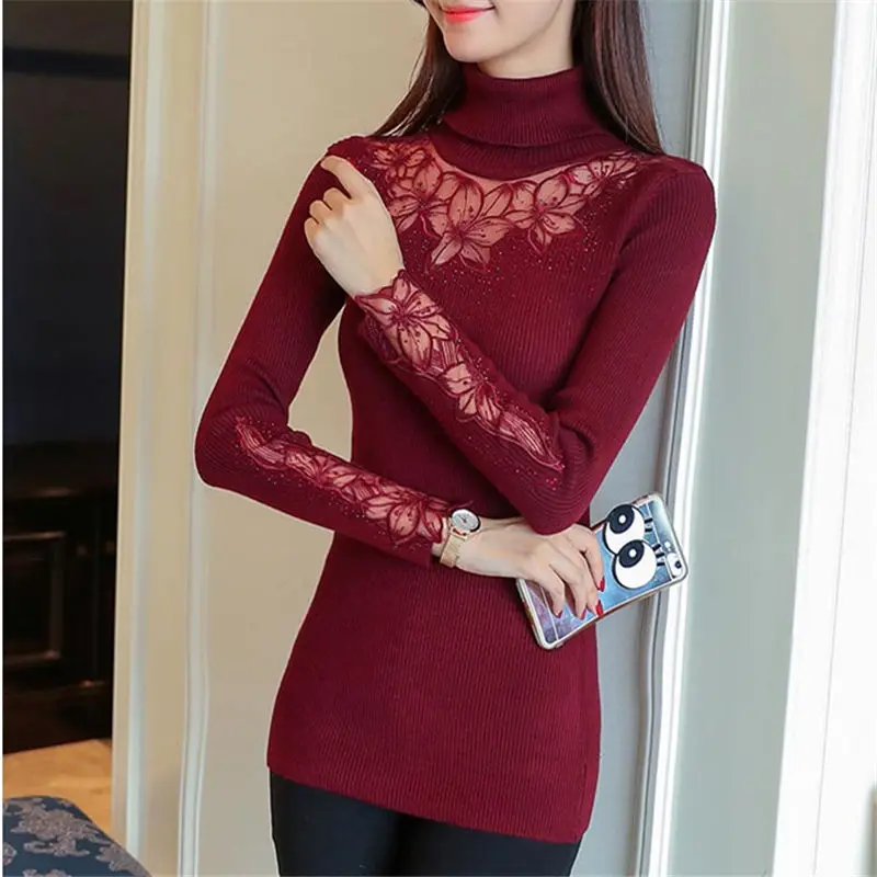 Fashion Korea Autumn Winter Turtleneck Pullovers Sweaters Women Burgundy Embroidery Lace Hollow Knitted Slim Sweater Female Tops
Fashion Korea Autumn Winter Turtleneck Pullovers Sweaters Women Burgundy Embroidery Lace Hollow Knitted Slim Sweater Female Tops