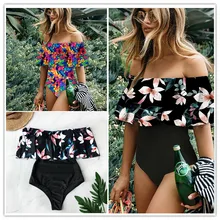 2020 nova sexy fora do ombro sólida roupa de banho das mulheres um pedaço maiô feminino babado monokini swim wear xl(China)