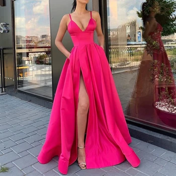 Rosy Muslim Evening Dresses 2020 High Split Satin Spaghetti Straps Sweetheart A-Line Long Prom Dress Formal Evening Gown
Rosy Muslim Evening Dresses 2020 High Split Satin Spaghetti Straps Sweetheart A-Line Long Prom Dress Formal Evening Gown