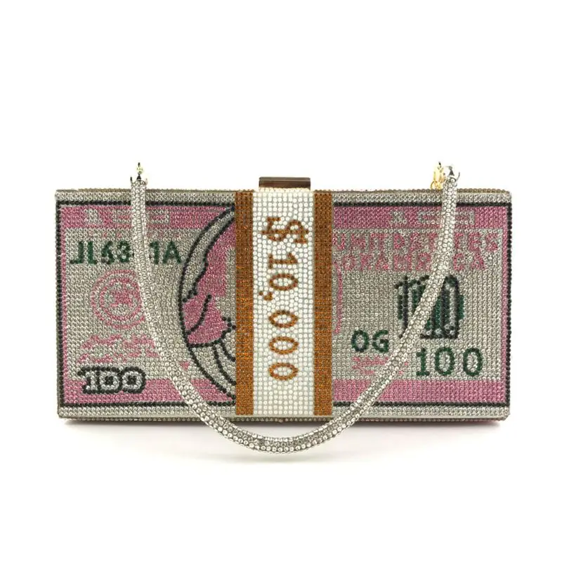 Money Clutch Rhinestone Purse 10000 Dollars Stack of Cash Evening Handbags Shoulder Wedding Dinner Bag 8 Color