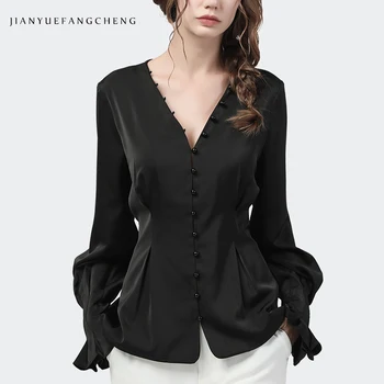 Fashion Women Black Satin Blouse Long Flared Sleeves Beaded V-Neck Single-breasted Tops Slim All-Match Female Shirts Autumn New
Fashion Women Black Satin Blouse Long Flared Sleeves Beaded V-Neck Single-breasted Tops Slim All-Match Female Shirts Autumn New
