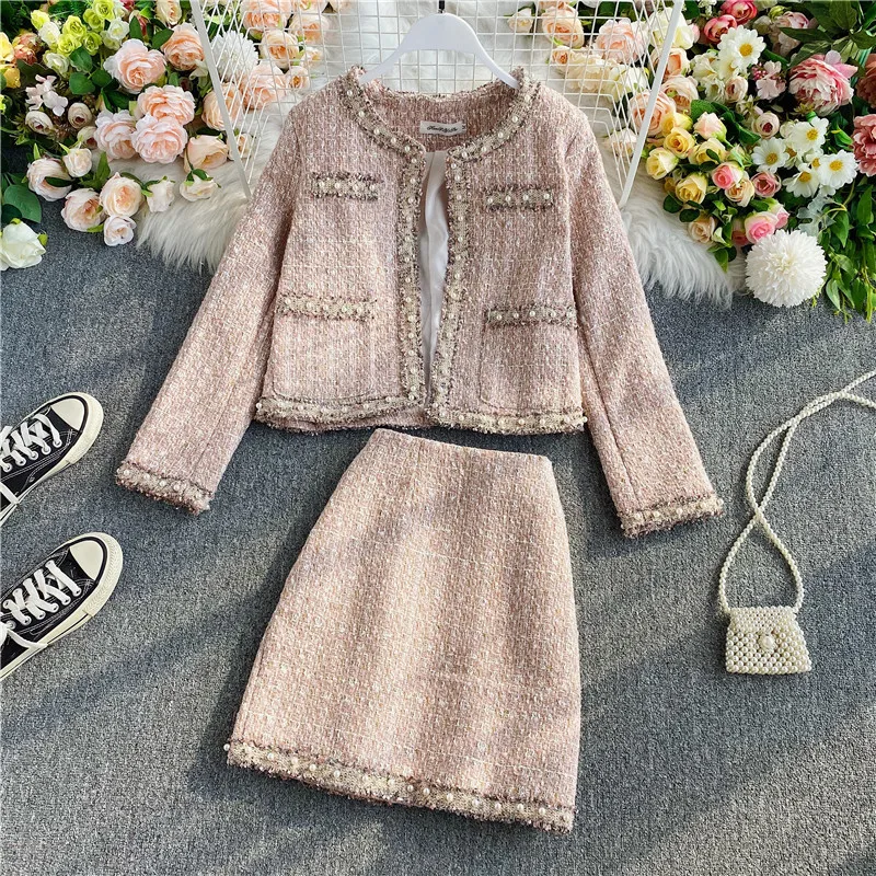

2Pcs Women Tweed Set Spring Elegent Long Sleeve Beading Jacket+Mini Skirt Suits Autumn Fashion Female Wool Tweed Set
