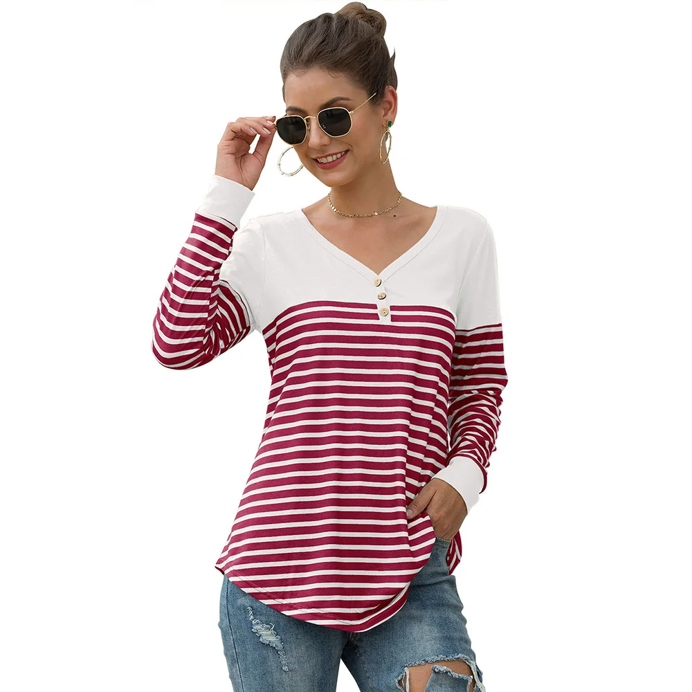 Women T Shirt Summer Fashion Ladies Casual Long Sleeve Female T Shirts V Neck Striped Women Clothing Button Shirts Loose Tee
Women T Shirt Summer Fashion Ladies Casual Long Sleeve Female T Shirts V Neck Striped Women Clothing Button Shirts Loose Tee