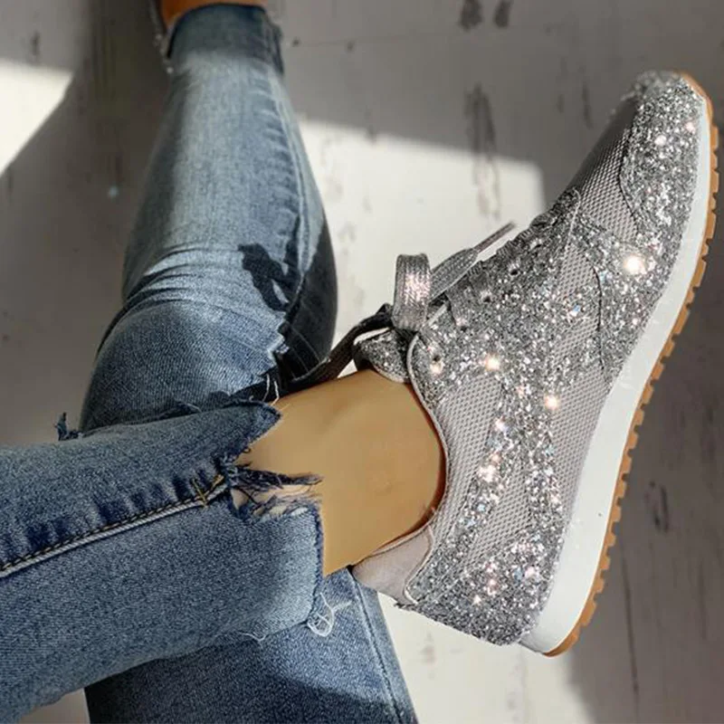 Women Flat Glitter Sneakers Casual Female Mesh Lace Up Bling Platform Comfortable Plus Size Vulcanized Crystal Shining Shoes New | Обувь