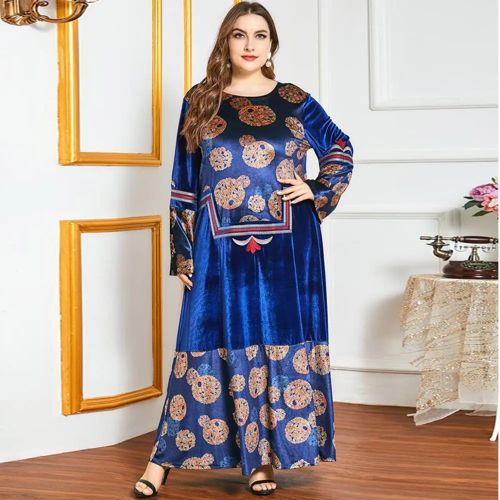 European and American plus size fashion autumn and winter embroidery thick gold velvet long-sleeved dress Muslim women's dress 
European and American plus size fashion autumn and winter embroidery thick gold velvet long-sleeved dress Muslim women's dress