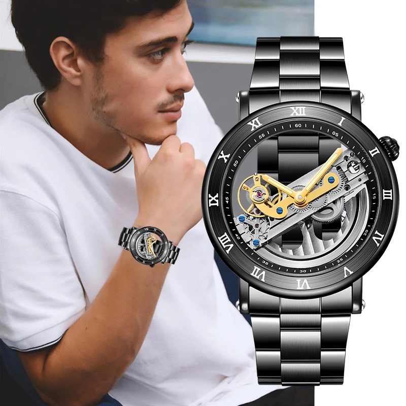 Forsining Men Transparent Design Mechanical Watch Automatic Golden Gear Skeleton Black Stainless Steel Belts Male Clock Saati 
Forsining Men Transparent Design Mechanical Watch Automatic Golden Gear Skeleton Black Stainless Steel Belts Male Clock Saati