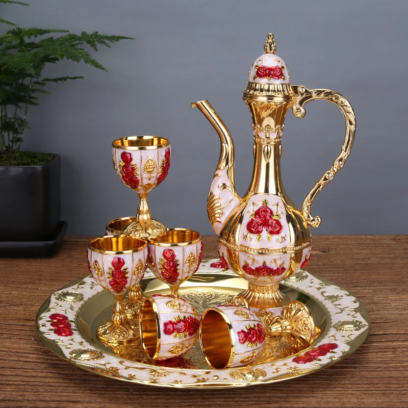 

Retro Palace Wine Set Wedding Zinc Alloy Metal Gold/Silver And White Flagon Gift Set Home Decor (1 Plate+ 1 Wine Pot +6 Cups)