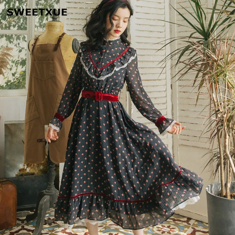 SWEETXUE Elegant Floral Print Long Party Dress Lace Splice Chiffon Casual High Waist Velvet Belt Autumn Modern Lady Women Dress
SWEETXUE Elegant Floral Print Long Party Dress Lace Splice Chiffon Casual High Waist Velvet Belt Autumn Modern Lady Women Dress