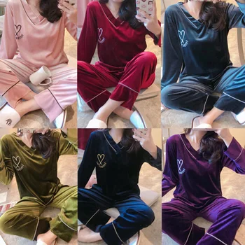 Winter Plush Pajamas Women's V-neck Embroidered Love Sexy Long Sleeve Long Thickening Two Piece Household Clothes
Winter Plush Pajamas Women's V-neck Embroidered Love Sexy Long Sleeve Long Thickening Two Piece Household Clothes
