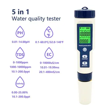 5 in 1 TDS/EC/PH/Salinity/Temperature Meter Digital Water Quality Monitor Tester for Pools, Drinking Water, Aquariums
5 in 1 TDS/EC/PH/Salinity/Temperature Meter Digital Water Quality Monitor Tester for Pools, Drinking Water, Aquariums