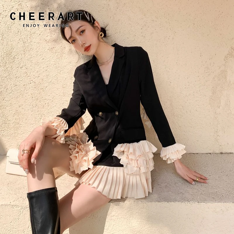 

Осень 2021, черный блейзер CHEERART, женский модный дизайнерский двубортный пиджак с оборками, Женский костюм в стиле пэчворк, Длинные пиджаки