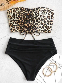 

Bandeau Leopard Print Bikini Set Women Swimwear Sexy Snakeskin Tube Top Swimsuit Drawstring Bathing Suit Ruched Tankini Beachwea
