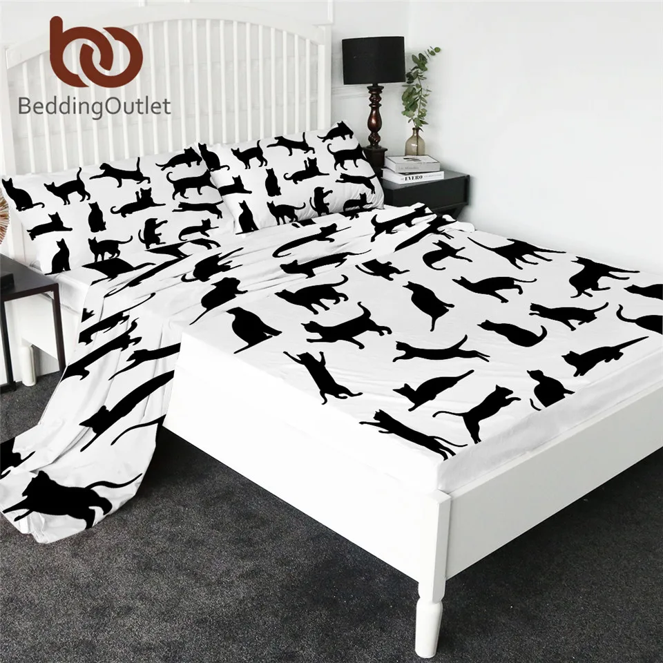 

BeddingOutlet Black Cats Fitted Sheet Set Cartoon Bed Sheet Animal Lover Bed Linen Pug Dog Panda Flat Sheet sabanas 4-Piece
