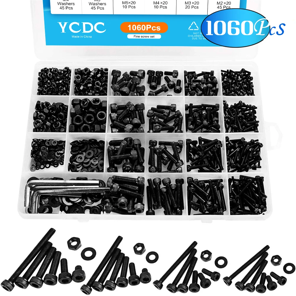 YCDC 1060Pcs Hex Socket Screw Set Flat Round Cap M2 M3 M4 M5 Bolts Nuts Assortment Carbon Head Bolts Kit Steel with Storage Box
YCDC 1060Pcs Hex Socket Screw Set Flat Round Cap M2 M3 M4 M5 Bolts Nuts Assortment Carbon Head Bolts Kit Steel with Storage Box