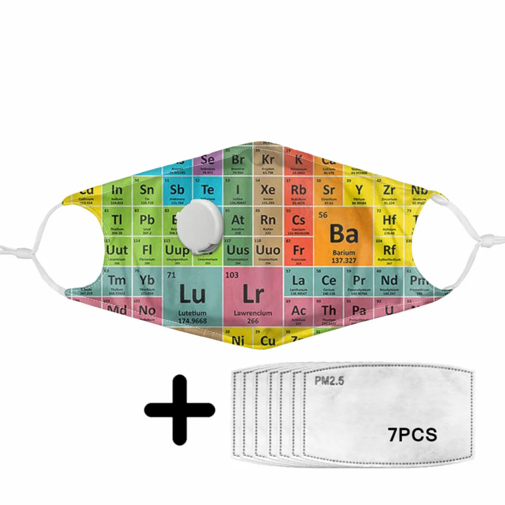 Fashion Periodic Table Pattern Mask for Mouth Face Breathing Valve with PM2.5 Protective Masks Travel Daily Mascarilla Earloop
Fashion Periodic Table Pattern Mask for Mouth Face Breathing Valve with PM2.5 Protective Masks Travel Daily Mascarilla Earloop