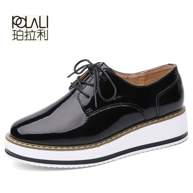 POLALI Women Platform Oxfords Brogue Flats  Patent Leather Lace Up Pointed Toe Brand Female Footwear Shoes for women Creepers