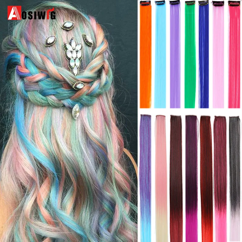 

AOSI Long Straight Colored Highlight Synthetic Hair Extensions Clip In One Piece Rainbow Streak Pink Hair Strands For Women Girl