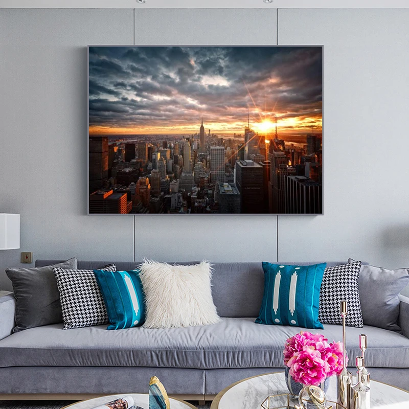 

New York City Sunset View Canvas Paintings On the Wall Art Posters And Prints Skline of Manhattan Wall Pictures Home Decoration
