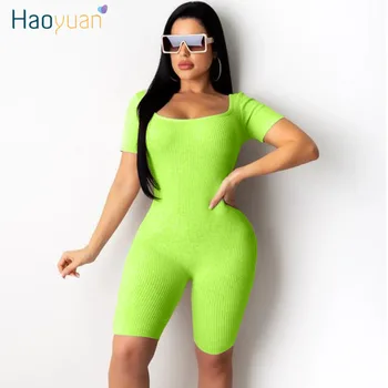 

HAOYUAN Sexy Rib Neon Rompers Womens Jumpsuit Biker Shorts Summer Body One Piece Club Outfits Backless Bandage Bodycon Playsuits