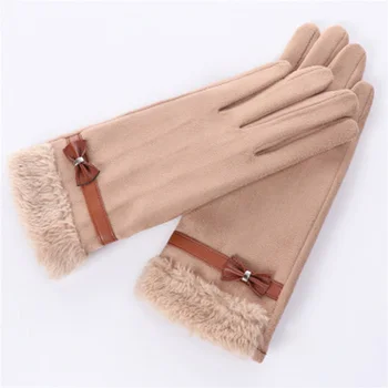 

Cute bow suede touch screen ladies winter gloves warm plus velvet simple solid color wild outdoor driving riding warm gloves D79