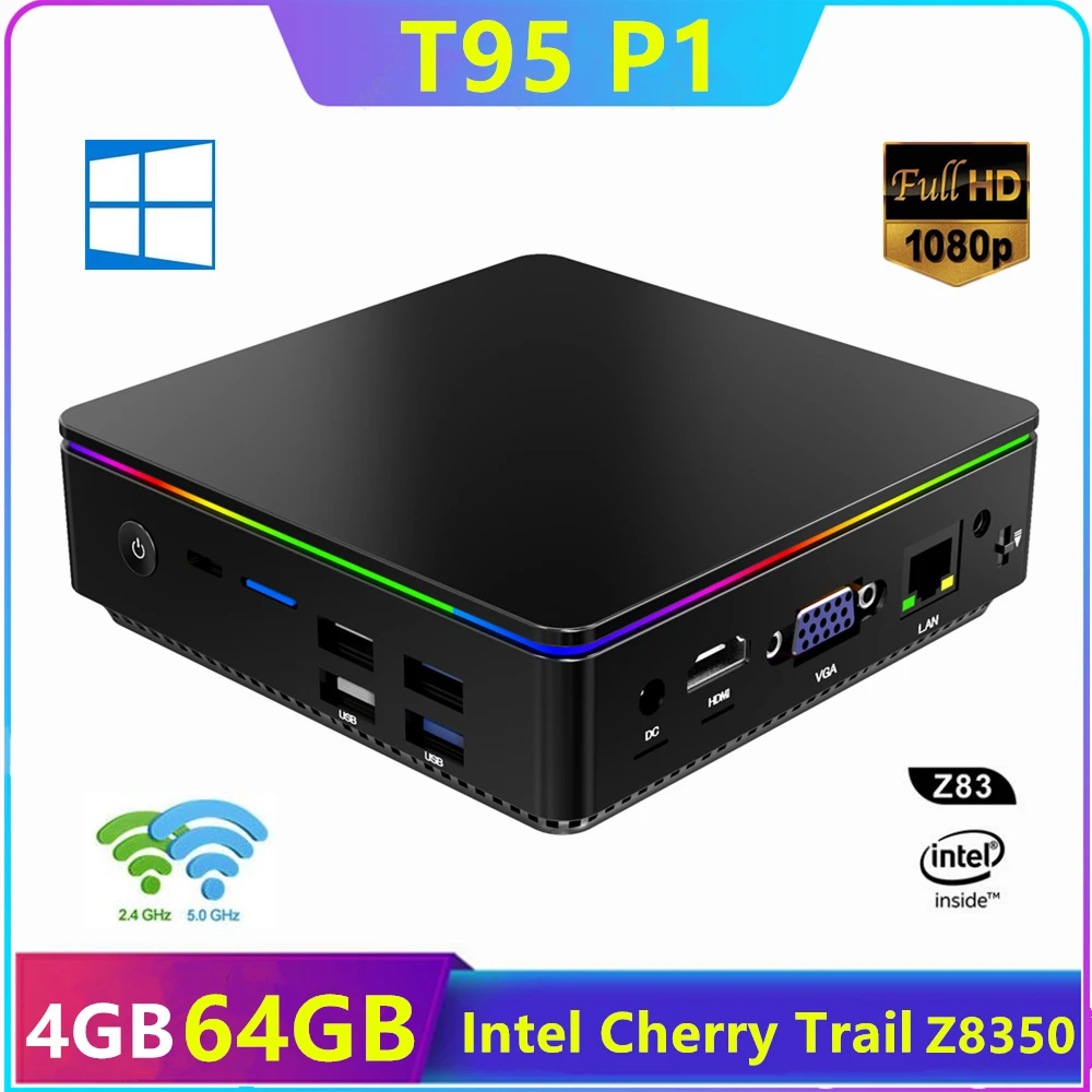 Мини-ПК T95 P1 Intel Z8350 4 Гб DDR3 64 ГБ 2 ГГц/телефон Wi-Fi безвентиляторный маленький