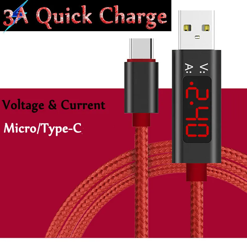 3A Micro USB Cable Type C Cable QC3.0 AFC FCP USB C Cable LED Voltage Current Tester for Huawei Xiaomi A2 Redmi Note7 USB Cabo
3A Micro USB Cable Type C Cable QC3.0 AFC FCP USB C Cable LED Voltage Current Tester for Huawei Xiaomi A2 Redmi Note7 USB Cabo