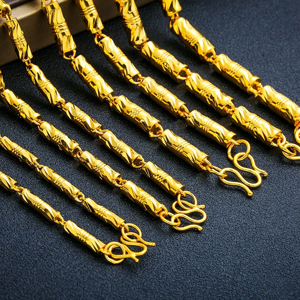 

Cylindrical Carved Necklace Chain Men Jewelry Yellow Gold Filled Solid Clavicle Collar Gift 60cm Long
