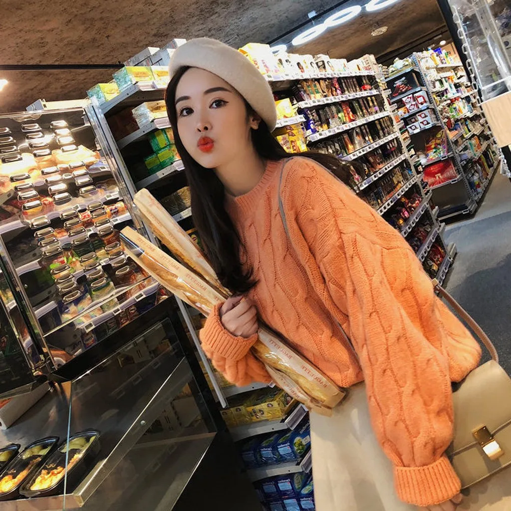 Jaycosin Fashion Women Casual Simple Long Sleeve Knitting Sweater Stylish Solid Color Comfortable Warm Lazy Wind Sweater