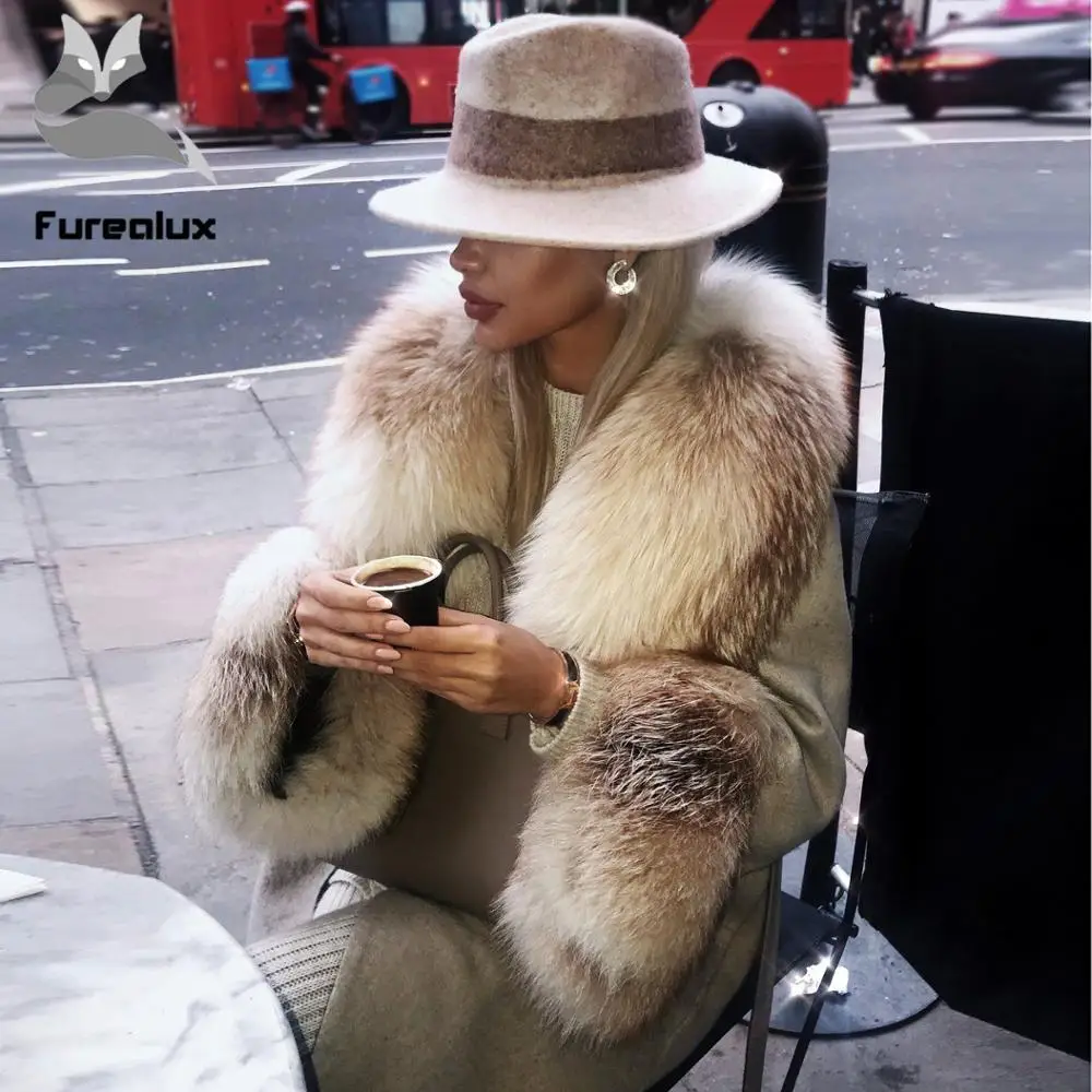 

Women Woolen coat Casual Woollen Outwear Fur Collar Long sleeve Real Fox Fur Cardigan Coat abrigos mujer invierno 2019
